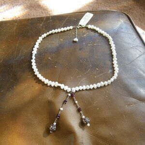 Women's Freshwater Pearl 16+2" Necklace w/ Sterling Silver & Garnet Beads